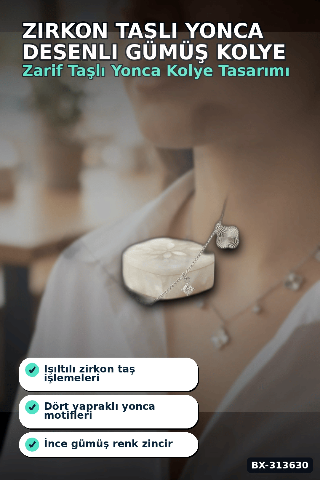 Zirkon Taşlı Yonca Desenli Gümüş Renk Pirinç Kadın Kolye 45 cm Zincirli BX-313630