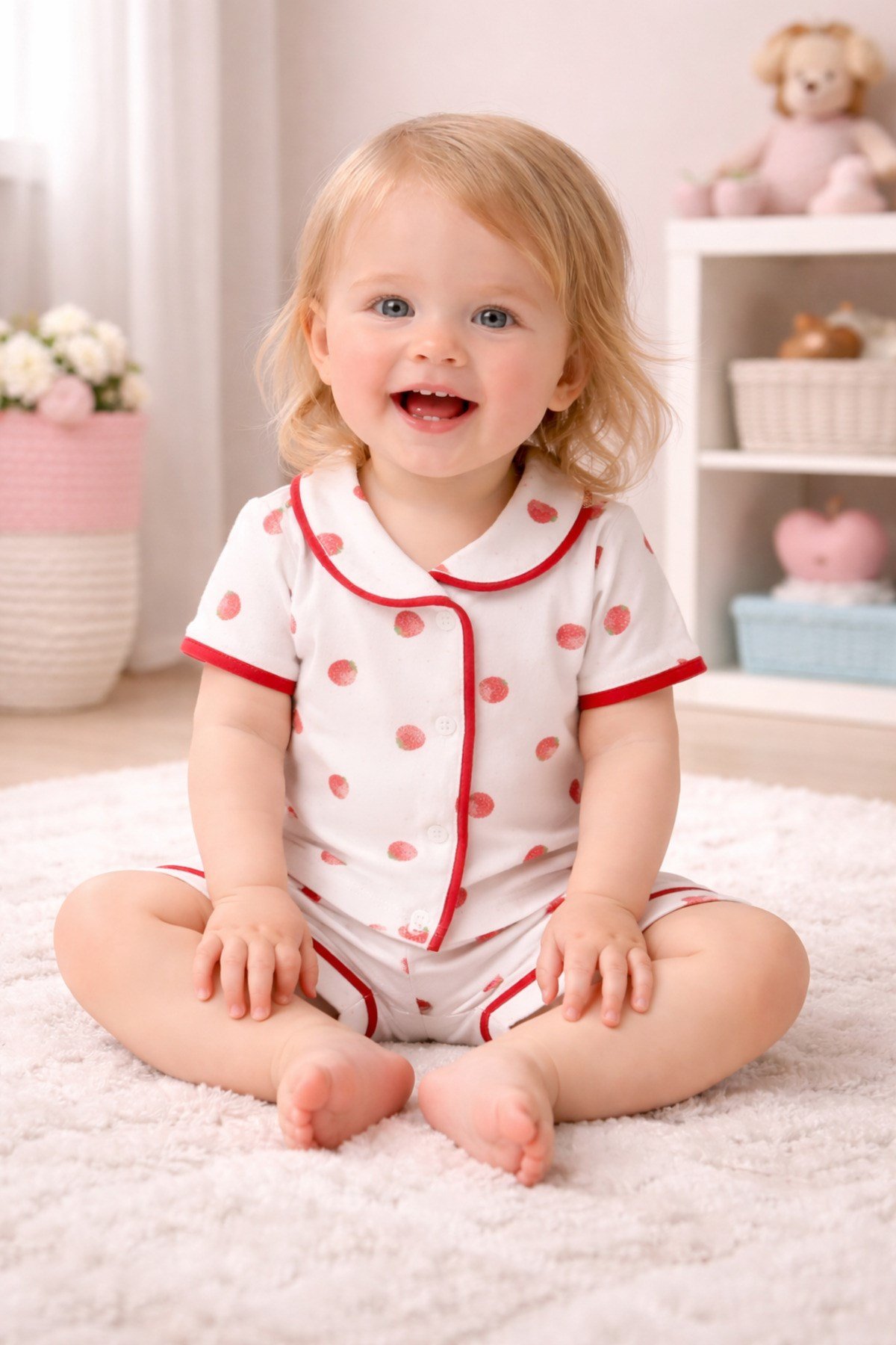 Kız Bebek Çilek Desenli Şortlu Pijama Takımı-Beyaz