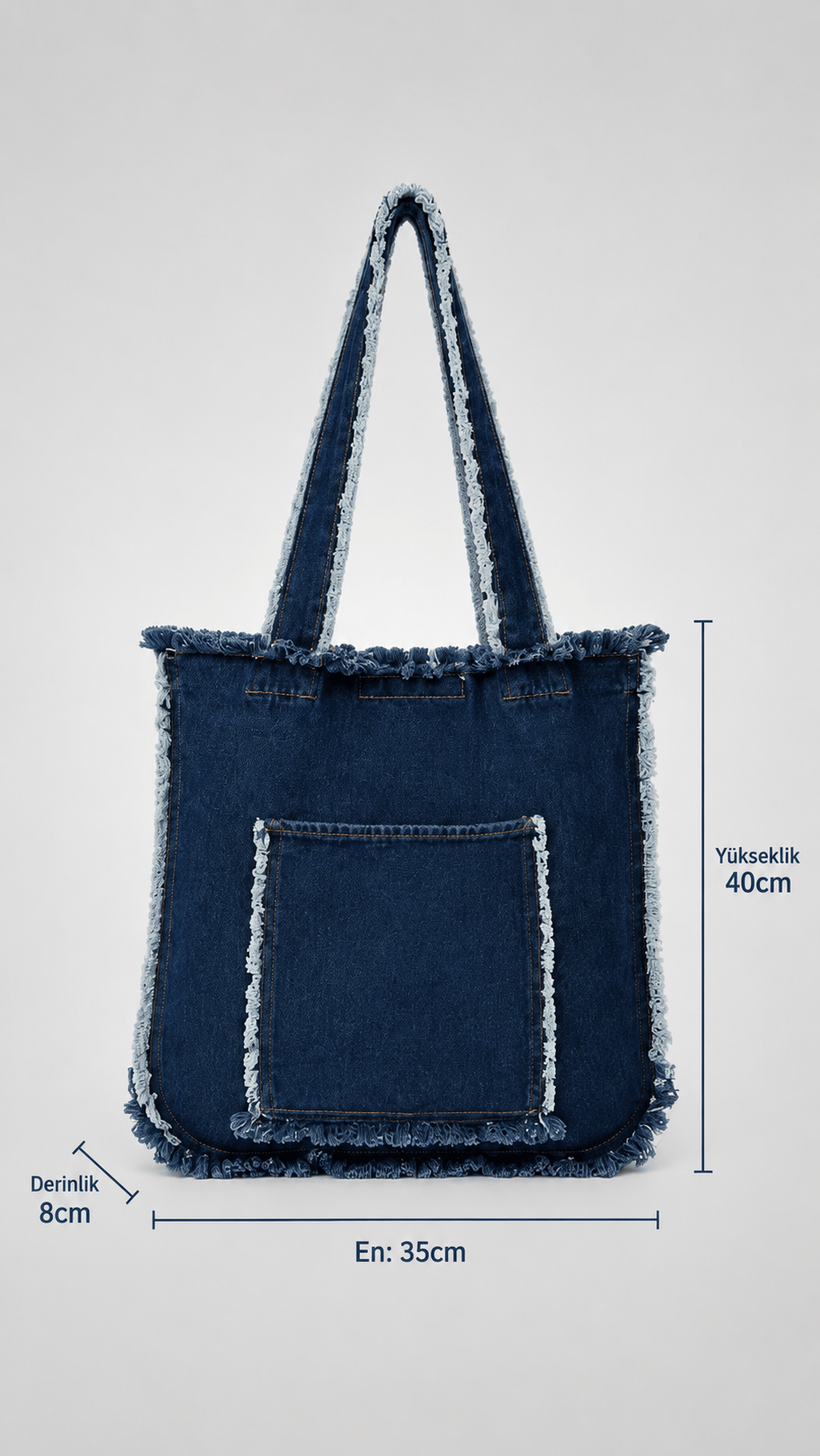 Kadın Denim Püskül Bohem Detaylı Büyük Boy Tote Lacivert Omuz Çantası