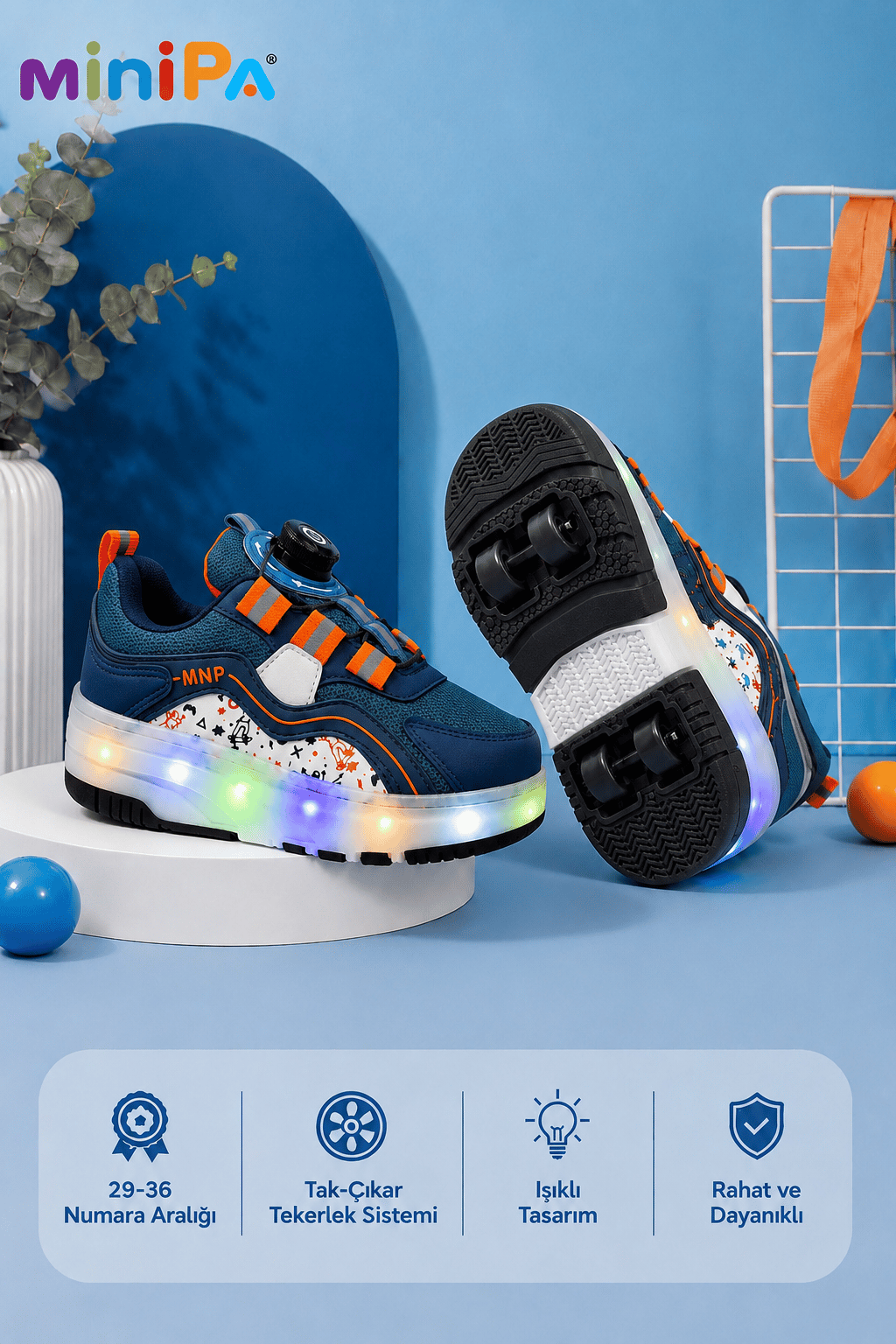 Mira 4 Tekerlekli Patenli Işıklı Spor & Paten Dönüşümlü Çocuk Ayakkabısı / İndigo - Orange