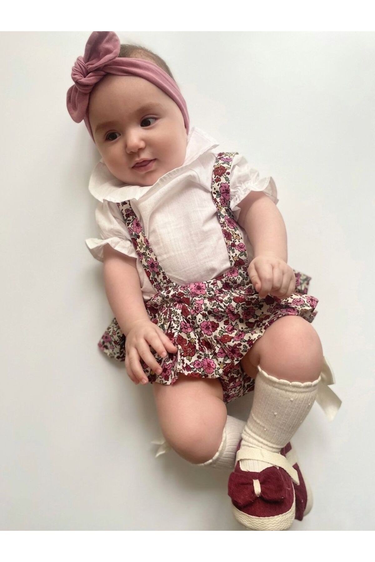Basma Çıtır Çiçekli 3lü Naturel Romper Elbise