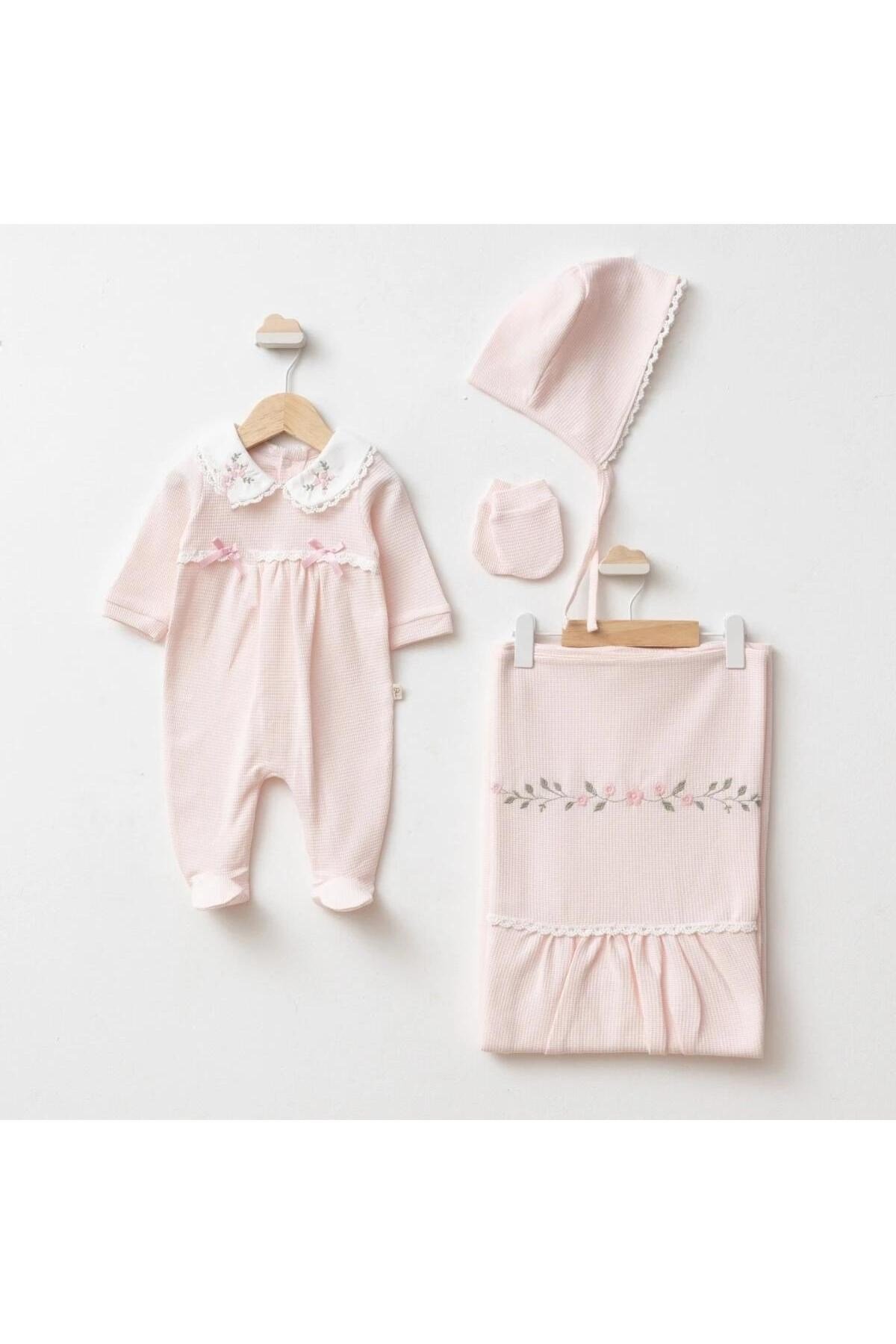 Bebe Yaka Nakışlı Fiyonklu 4lü Hastane Çıkışı Seti (%100 Natural Cotton)