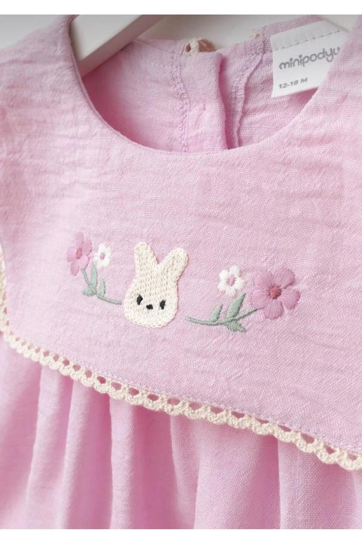 Kız Bebek Tavşan Nakışlı Keten Hayalperest Elbise (Günlük Bayramlık Doğum Günü)