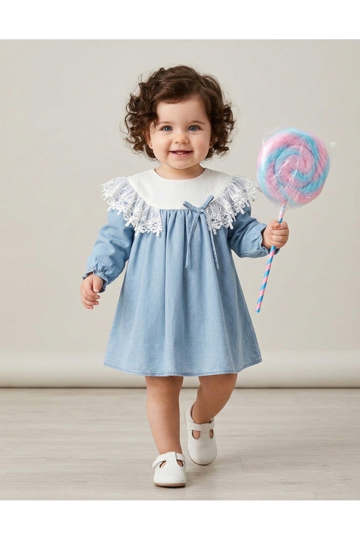 Mavi Uzunkol Denim Kot Natural Kız Bebek Elbisesi
