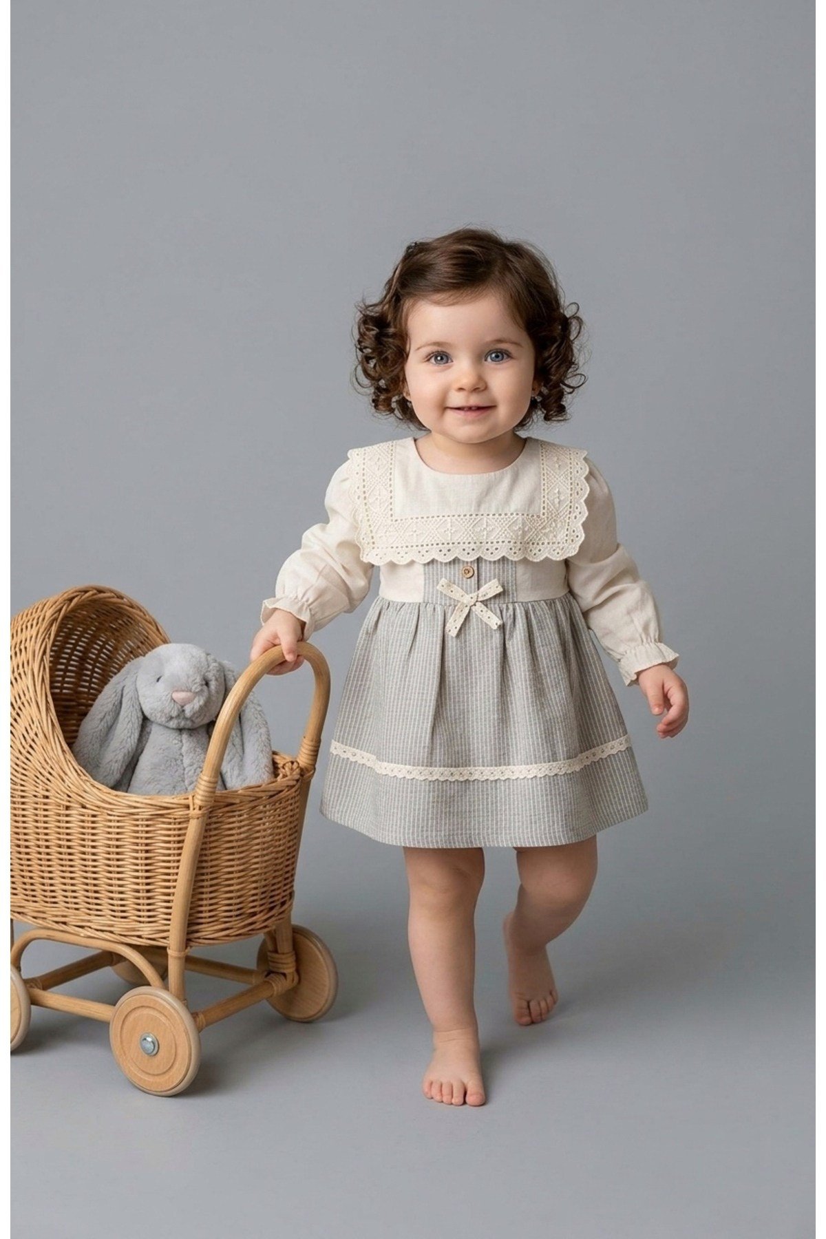 Naturel Kare Yakalı Gri Kız Bebek Elbise