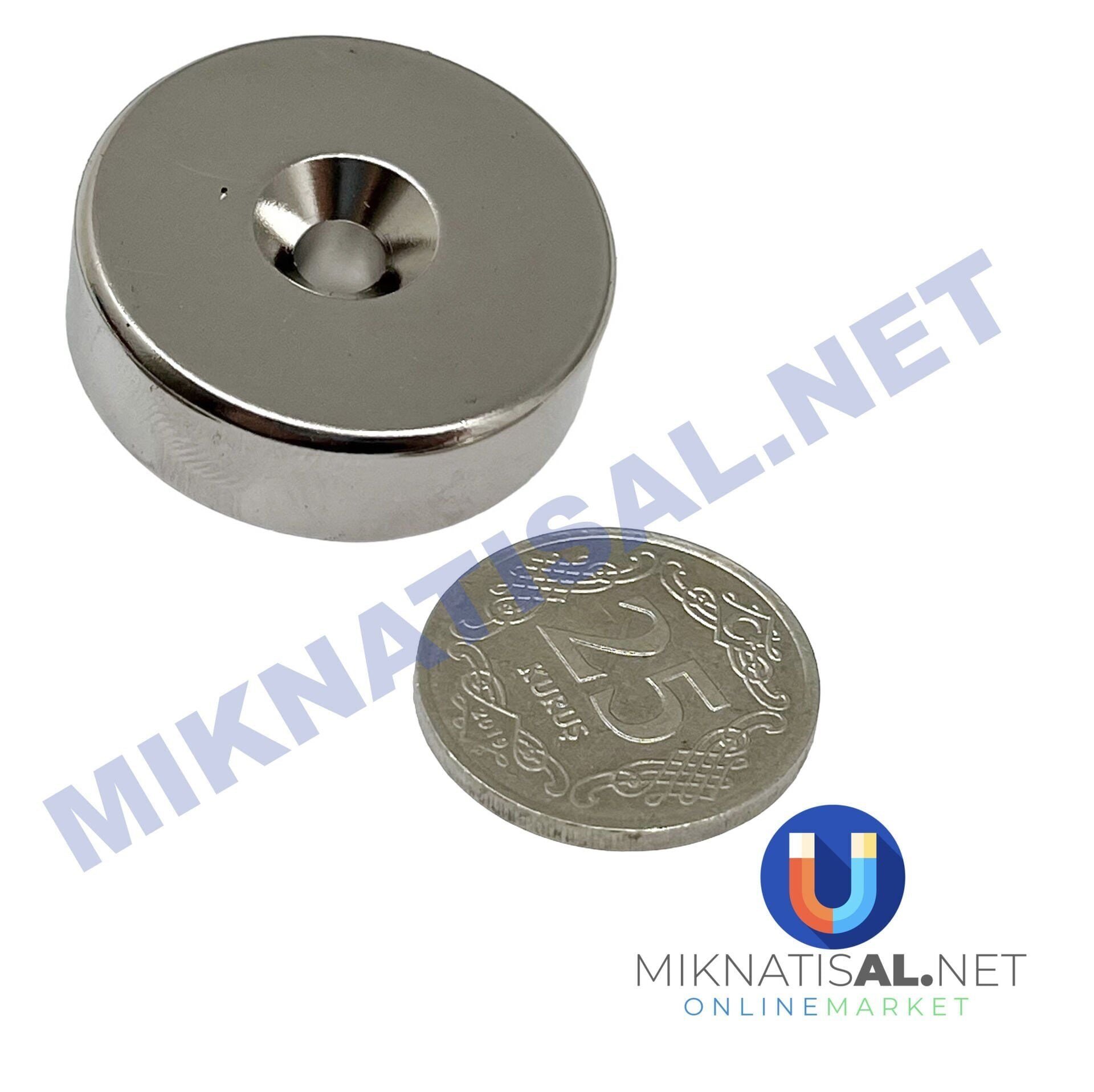 30x10 mm (10-5mm) N35 Havşalı Güçlü Neodyum Mıknatıs Ters Kutuplu (N)