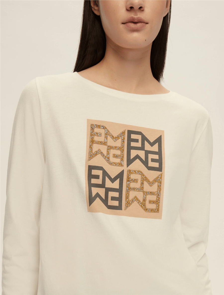 EMME MARELLA YETI EKRU LOGO BASKILI UZUN KOLLU BLUZ