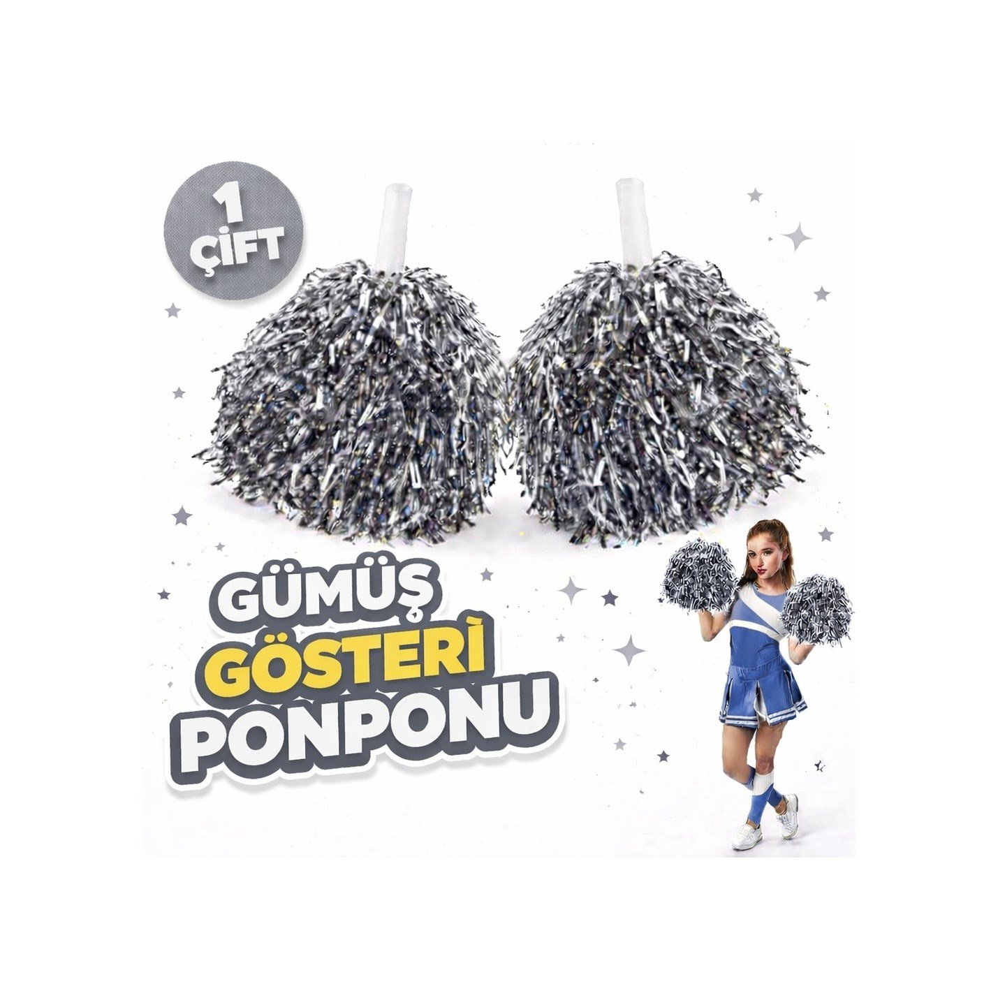 1 Çift 2 Adet Gümüş Renk 23 Nisan 19 Mayıs 29 Ekim Okul Gösteri Ponponları 14604334