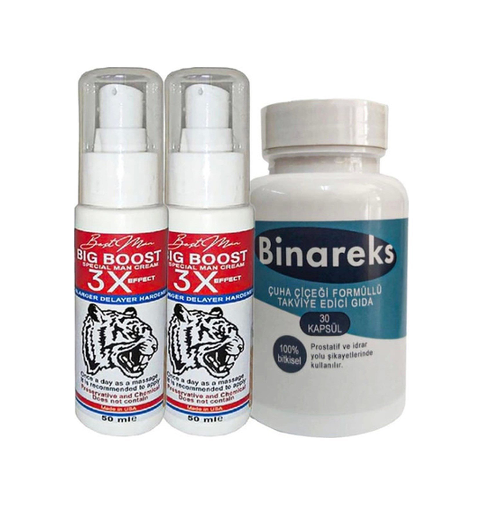 2 Adet 50 Ml Bigboost Erkek 3xeffect Canlandirici Krem + Yanında 1 Kutu 30lu Binareks Erkeklere Özel