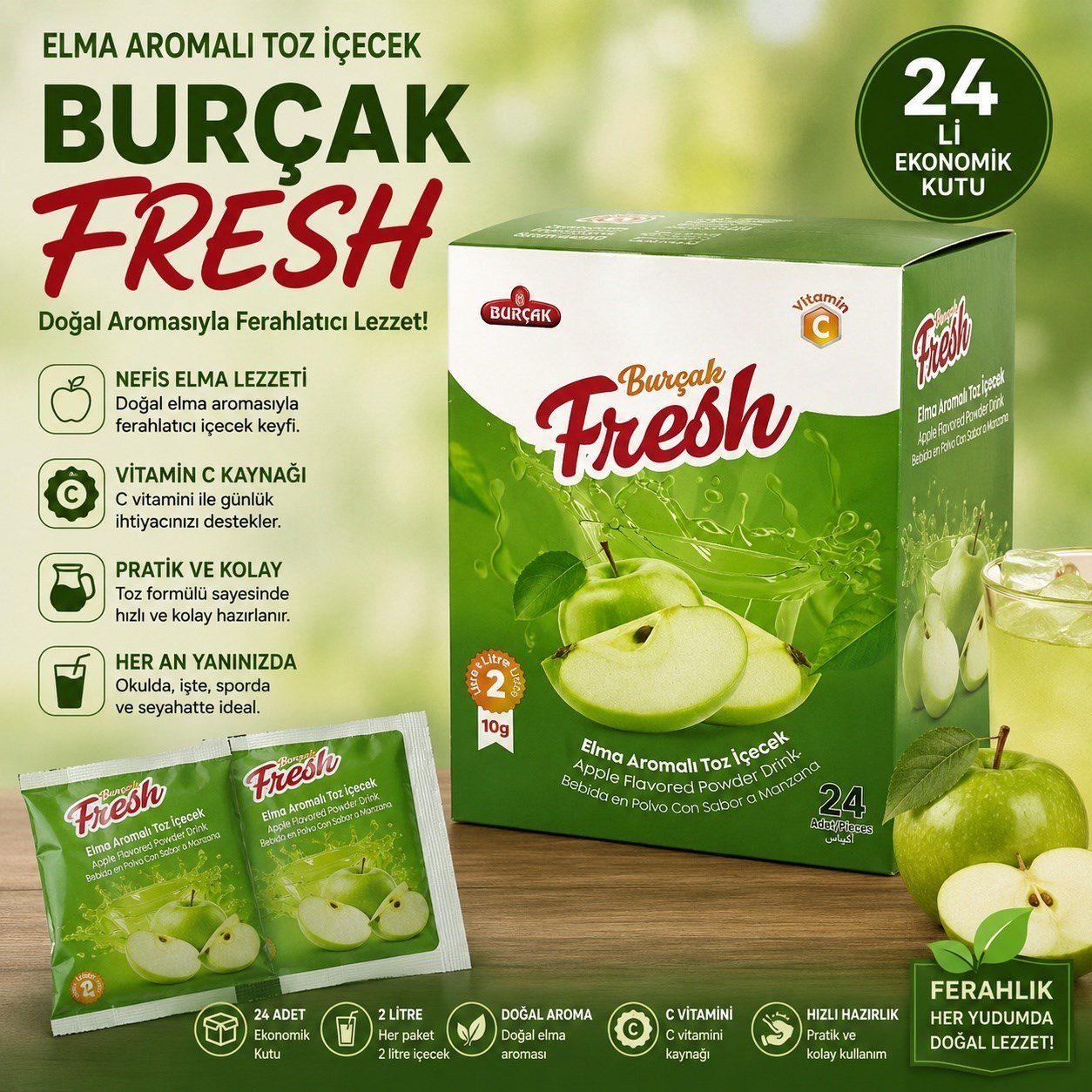 24 Lü Elma Aromalı Toz İçecek 10 Gr C Vitaminli Soğuk İçecek Tozu Diğer