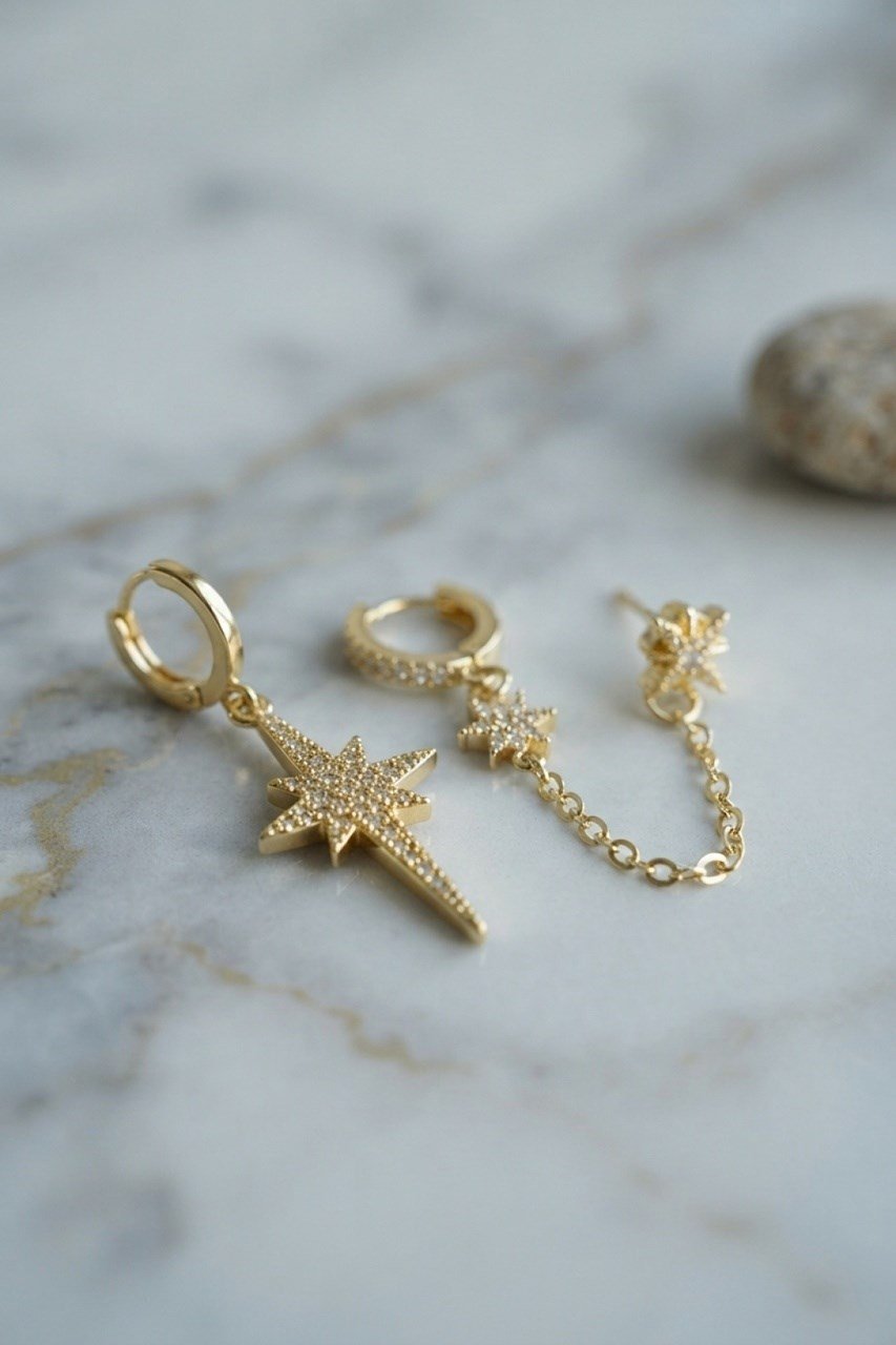 3 Lü Set Küpe Gold Renk Zincir Detaylı Diğer