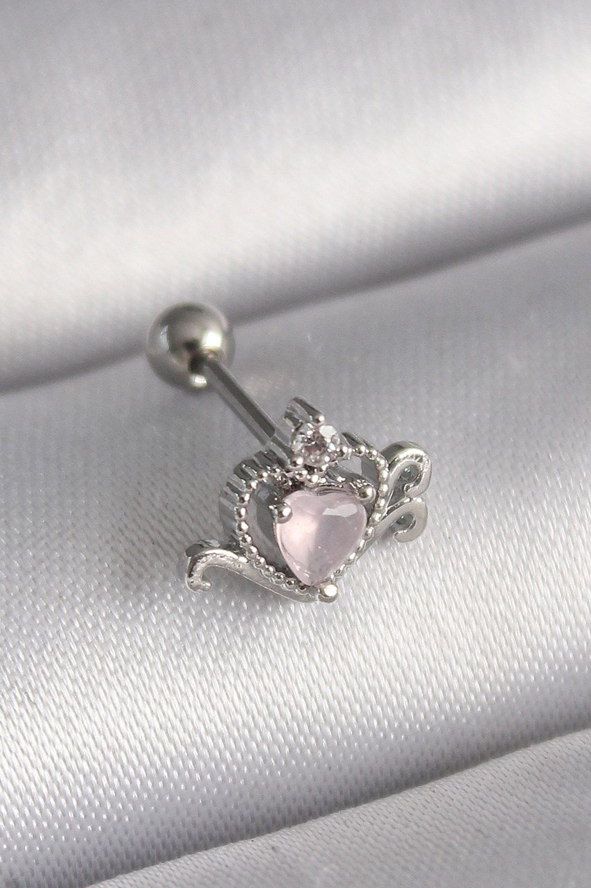 316l Çelik Gümüş Renk Pembe Mineli Kalp Zirkon Taş Detay Tragus Piercing