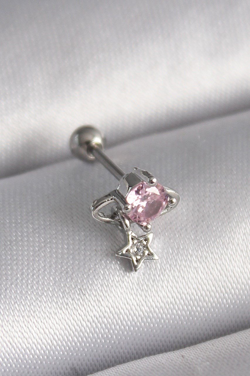 316l Çelik Gümüş Renk Pembe Zirkon Taşlı Sallantı Yıldız Detay Tragus Piercing