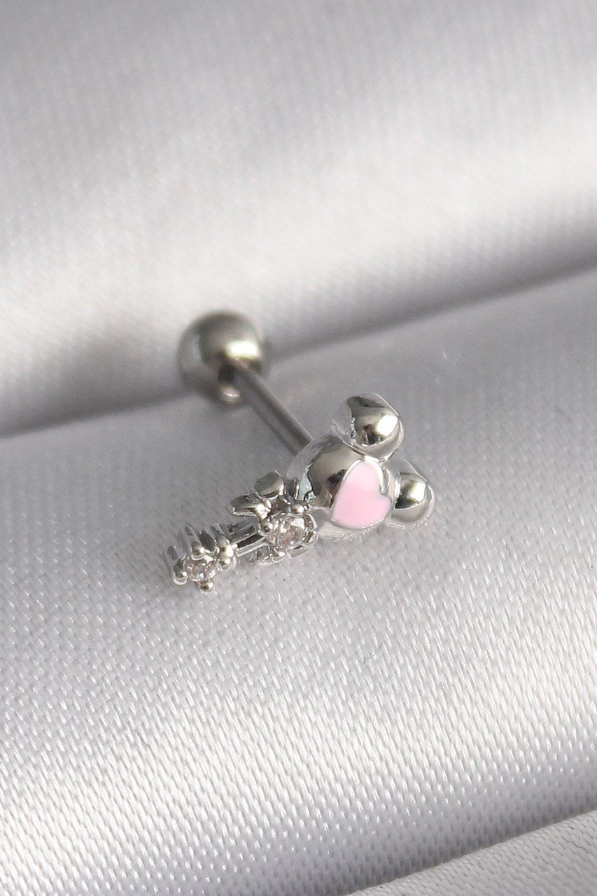 316l Çelik Gümüş Renk Zirkon Taş Detay Pembe Kalp İşleme Tragus Piercing