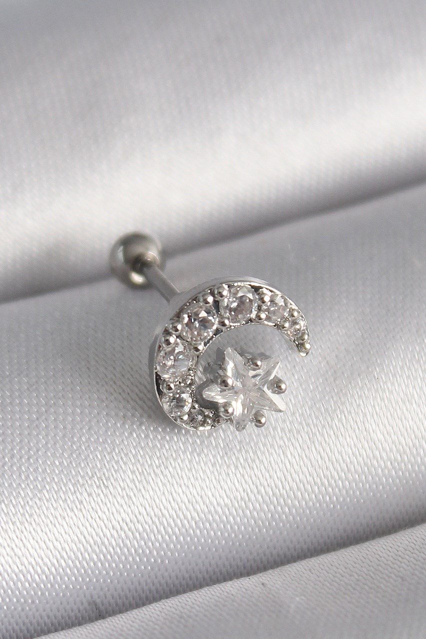 316l Çelik Gümüş Renk Zirkon Taşlı Ay Yıldız Tragus Piercing