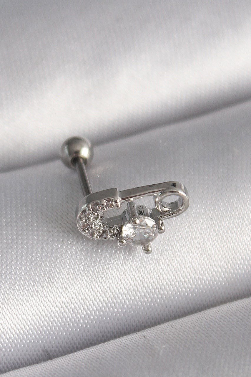 316l Çelik Gümüş Renk Zirkon Taşlı Toplu İğne Tragus Piercing Gümüş