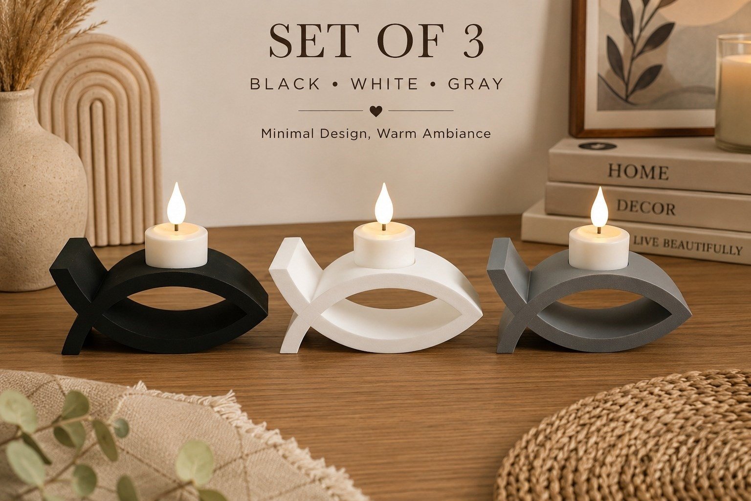 3d Baskı 3lü Balık Figürlü Dekoratif Mumluk Seti - Tealight Mumluk, Modern Ev Ve Ofis Dekoru Çok Renkli