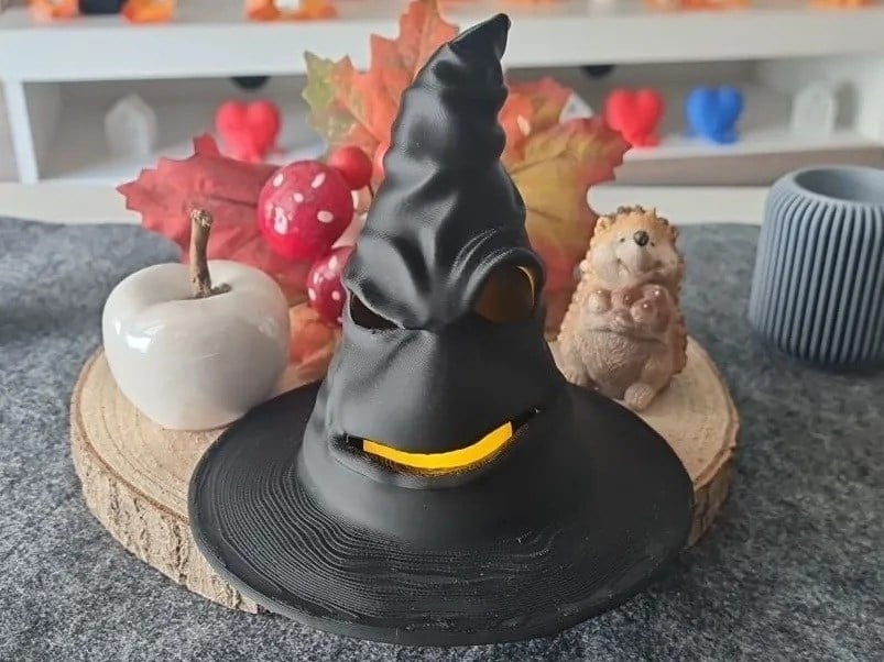 3d Baskı Cadı Şapkası Tealight Mumluk Işıklı Yüz Detaylı Cadılar Bayramı Feneri Masa Süsü Siyah Çok Renkli
