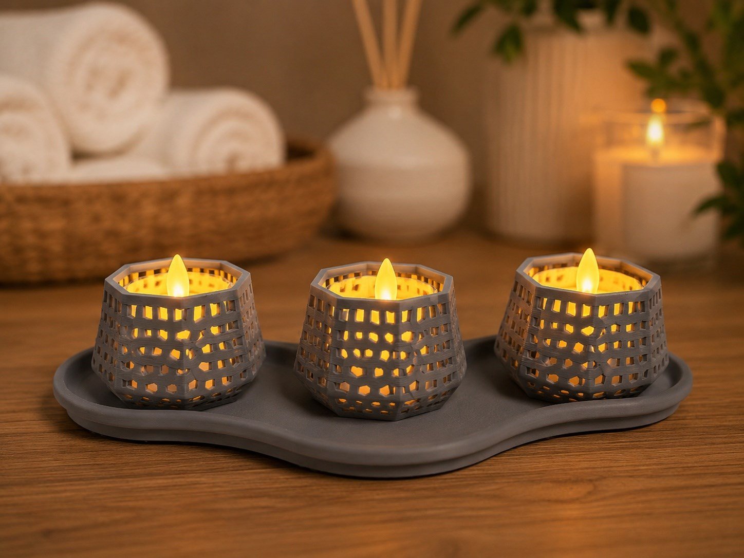 3d Baskı Dekoratif Mumluk Seti - Desenli Tealight Ve Masaüstü Aydınlatma Objesi-gri Çok Renkli