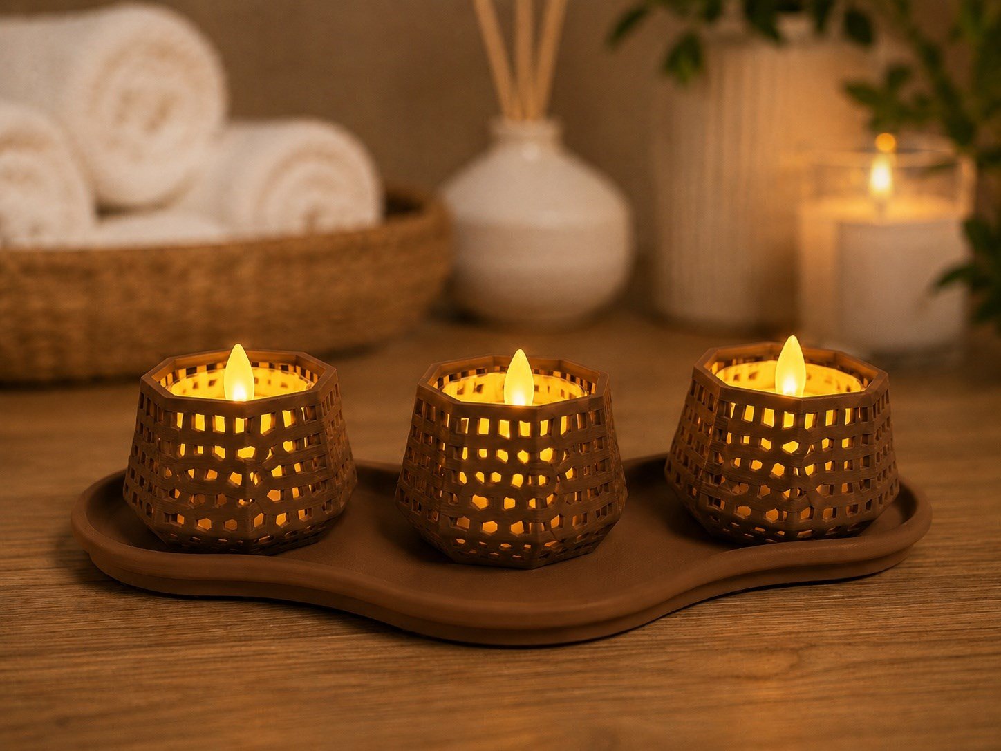 3d Baskı Dekoratif Mumluk Seti - Desenli Tealight Ve Masaüstü Aydınlatma Objesi-kahverengi Çok Renkli