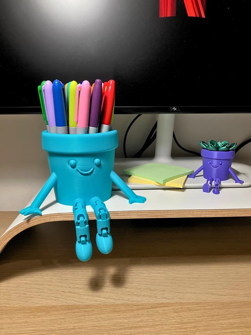 3d Baskı Hareketli Gülen Kalemlik - Eklemli Masaüstü Organizer - Mavi Çok Renkli