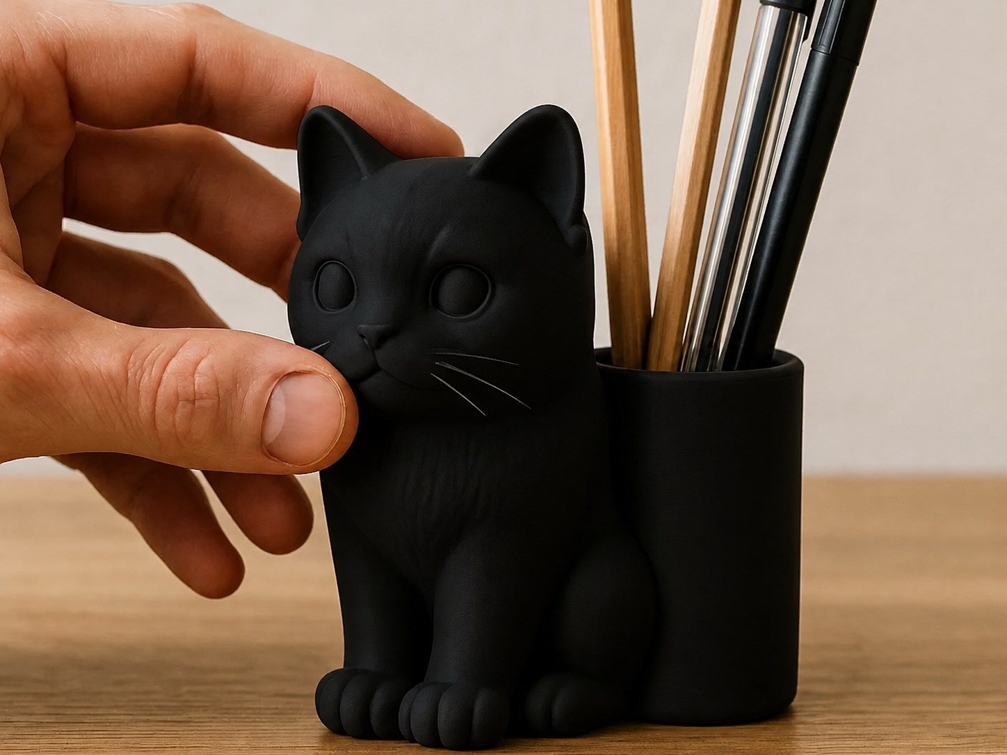 3d Baskı Kedi Figürlü Kalemlik - Masaüstü Organizer - Siyah Çok Renkli