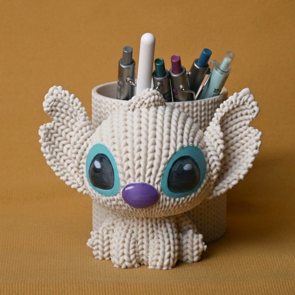3d Baskı Knitted Kalemlik - Sevimli Karakterli Masaüstü Kalem Organizeri-beyaz Çok Renkli