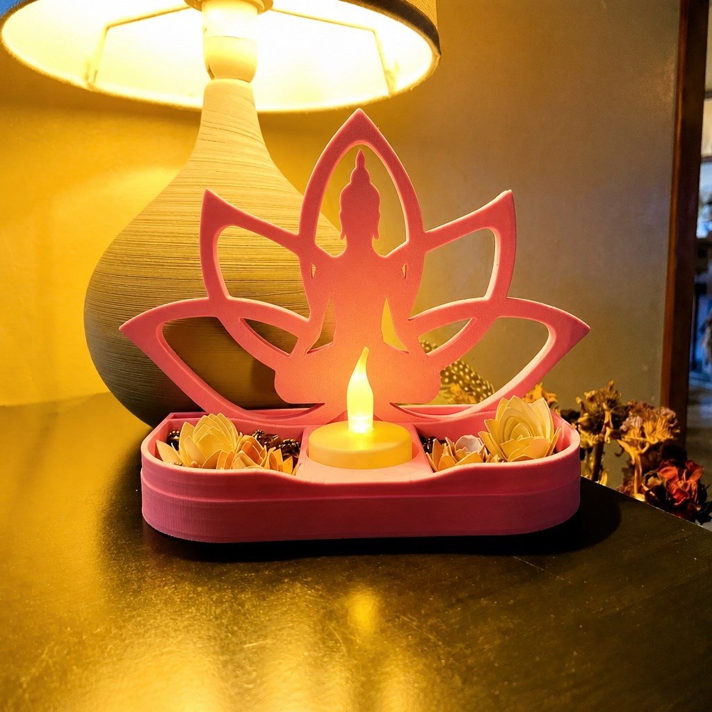 3d Baskı Lotus Buda Mumluk - Dekoratif Tealight Mumluk-pembe Çok Renkli