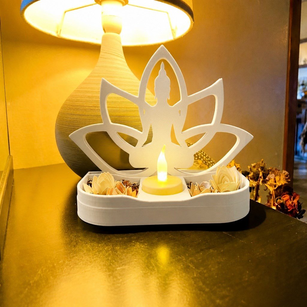 3d Baskı Lotus Buda Mumluk - Dekoratif Tealight Mumluk-beyaz Çok Renkli