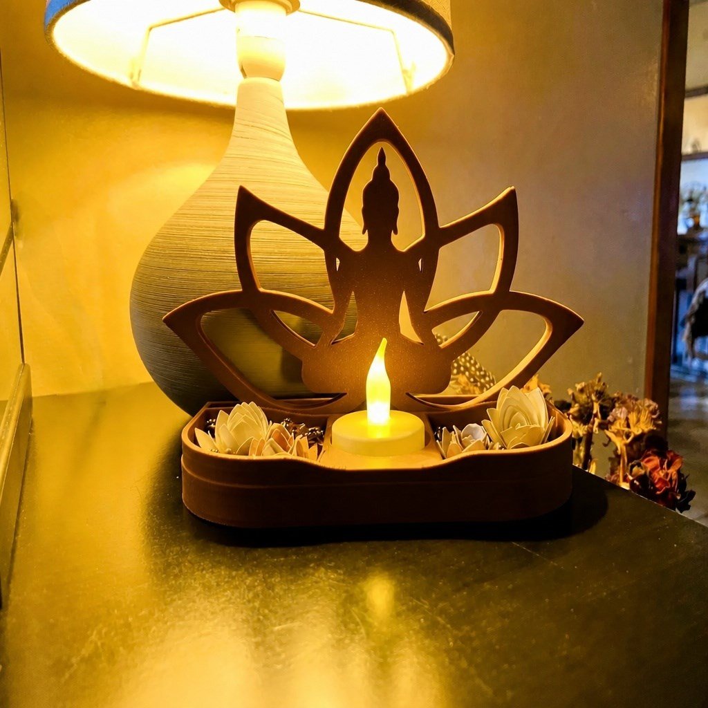 3d Baskı Lotus Buda Mumluk - Dekoratif Tealight Mumluk-kahverengi Çok Renkli