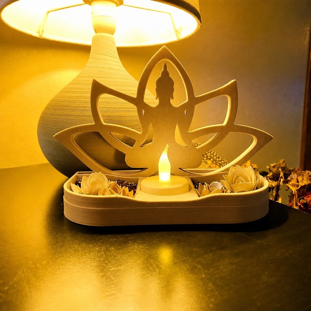 3d Baskı Lotus Buda Mumluk - Dekoratif Tealight Mumluk-bej Çok Renkli