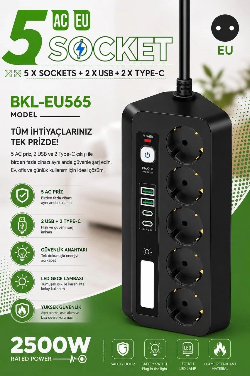 5 Li Akım Korumalı Priz 2500w 2 Usb + 2 Type-c Hızlı Şarj Led Gece Lambalı Dokunmatik Siyah Diğer