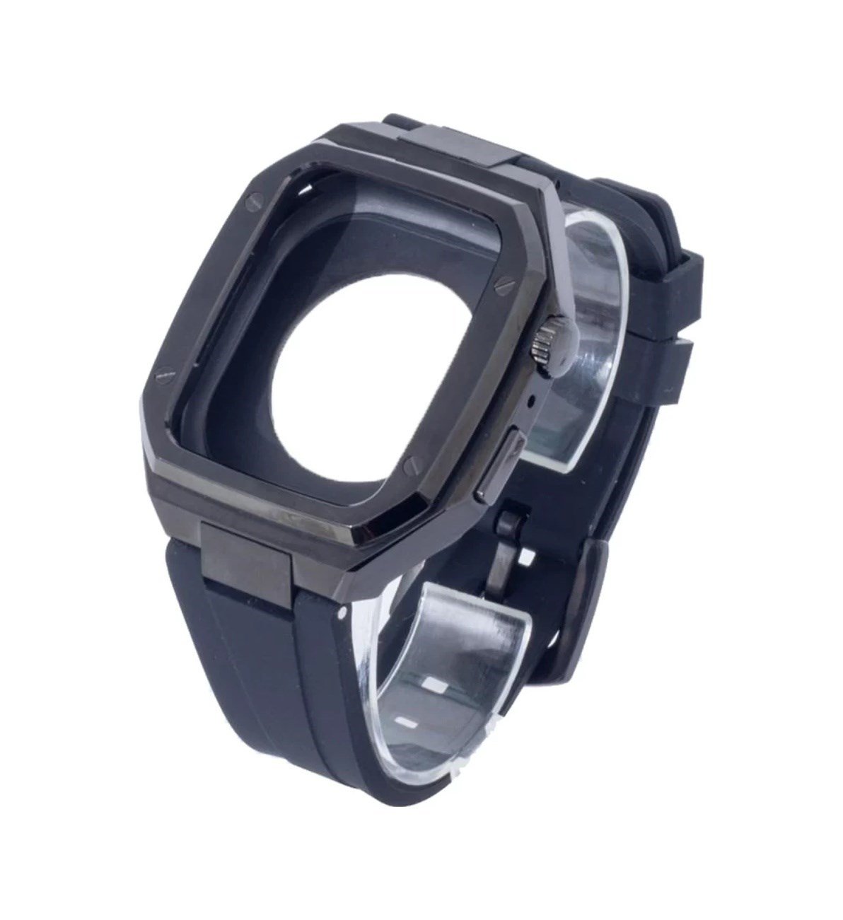 Apple Watch 44mm Uyumlu Kr402 Metal Kasa Silikon Kordon - Siyah Diğer