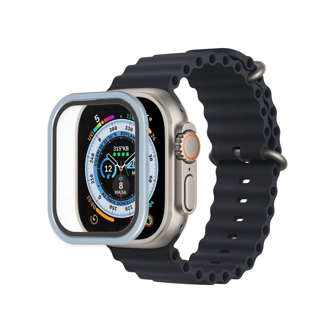 Apple Watch Ultra 49mm Uyumlu Alüminyum Kasa Cam Ekran Koruyucu - Mavi Diğer