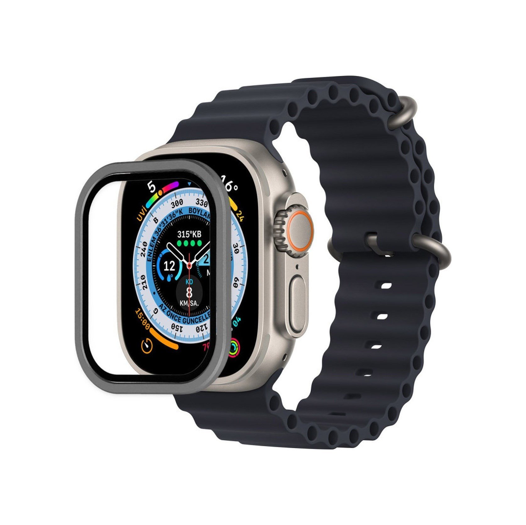 Apple Watch Ultra 49mm Uyumlu Alüminyum Kasa Cam Ekran Koruyucu - Gri Diğer