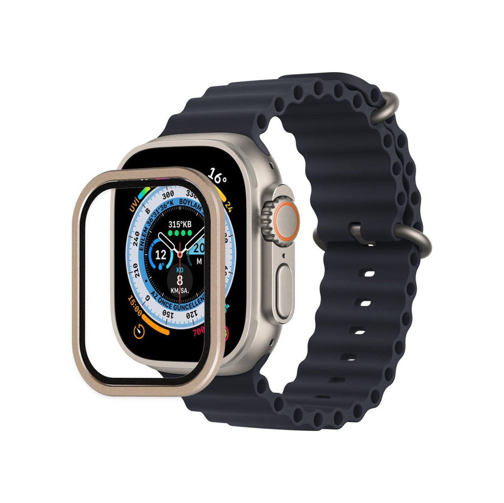 Apple Watch Ultra 49mm Uyumlu Alüminyum Kasa Cam Ekran Koruyucu - Gold Diğer