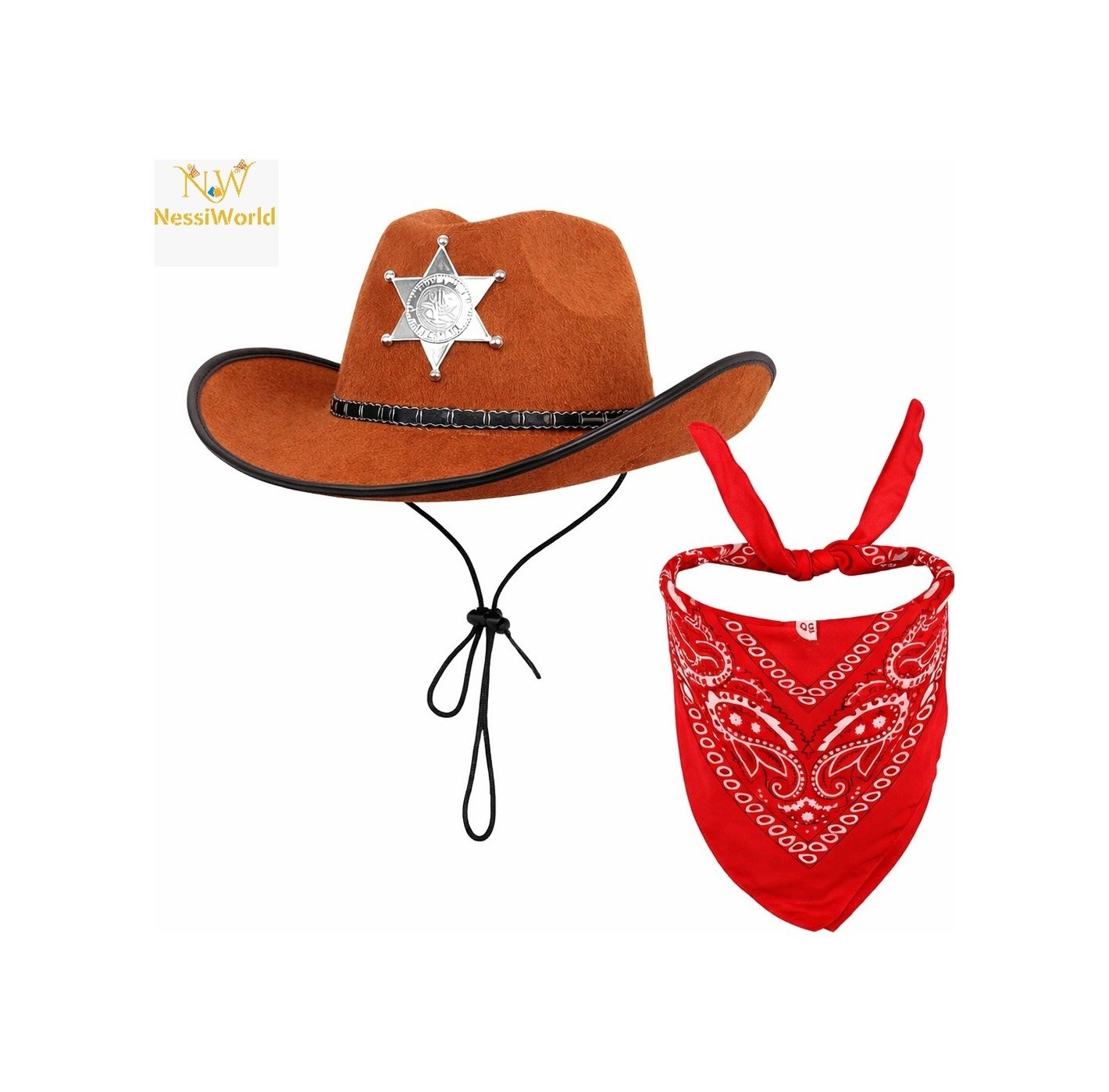 Çocuk Kovboy Şapka Rozetli Kahverengi & Kırmızı Bandana Seti