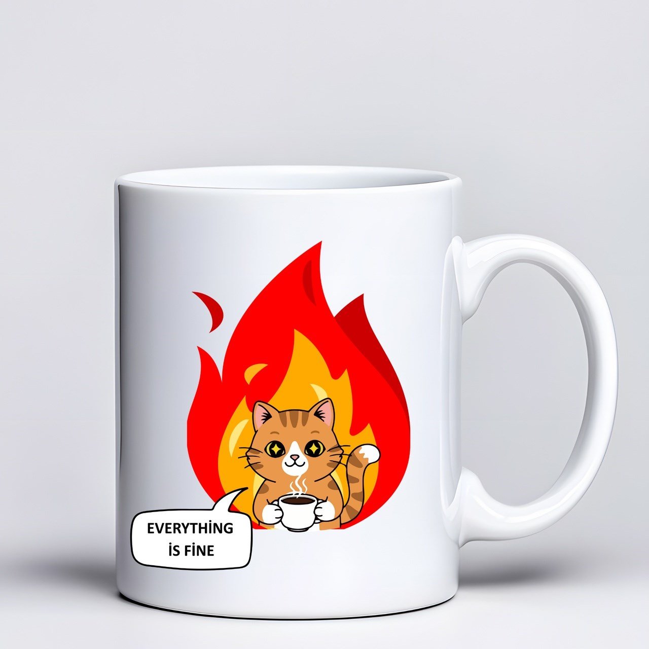 Everything Is Fine Yazılı Kedi Tasarımlı Kupa Model 234 Mizahi Baskılı Seramik Kahve Kupası Diğer
