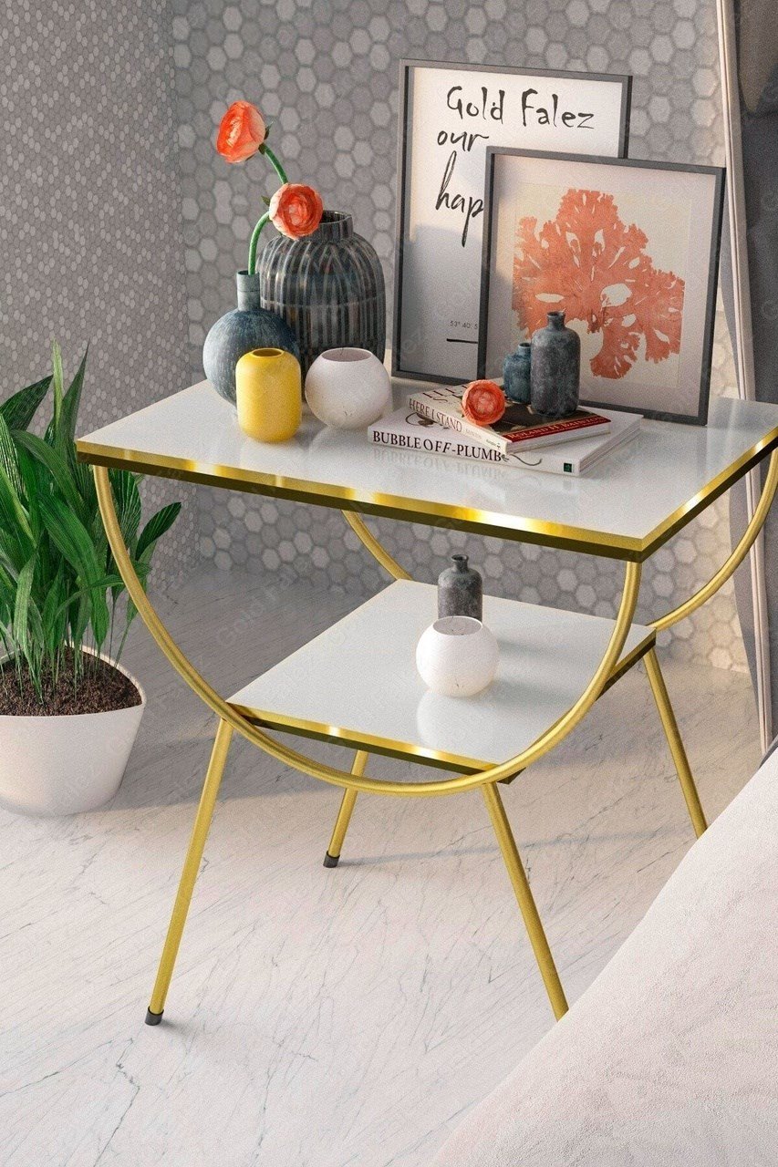 Gold Metal Yan Sehpa Beyaz Komodin Çok Renkli