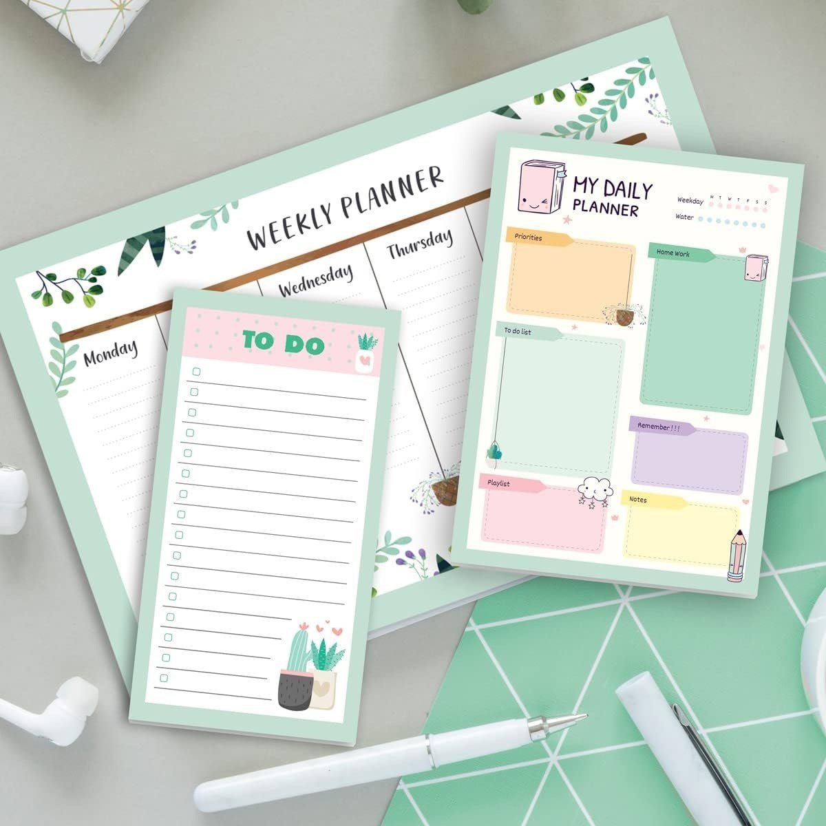 Haftalık, Günlük Planlayıcı Set - 50 Sayfa Tarihsiz Masaüstü Planner - Gençler, Kızlar, Yetişkinler İçin To Do List - 3 Parça - Green Serisi Çok Renkli