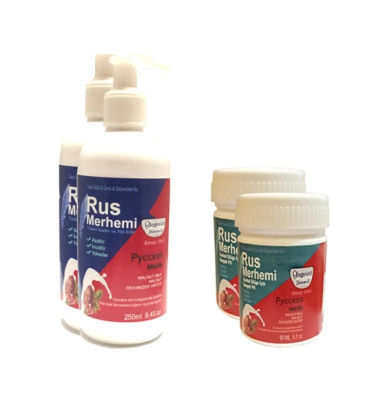 Hintohu Tüy Dökücü Azaltıcı Rus Merhemi 250 Ml 2 Adet+genital Bölge Merhemi 50 Ml 2 Adet Olegovich