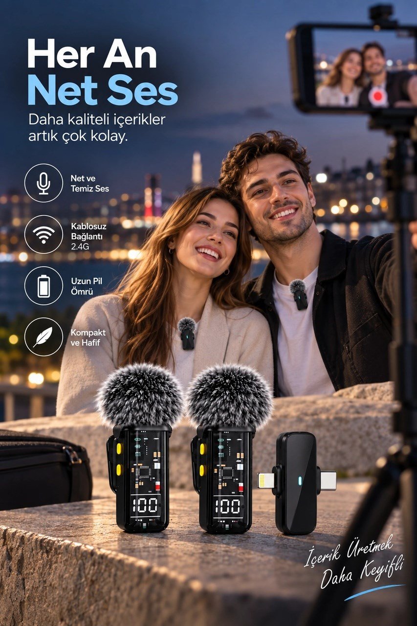 Kablosuz Çift Yaka Mikrofonu Gürültü Azaltma Ve Dijital Ekranlı Çok Renkli