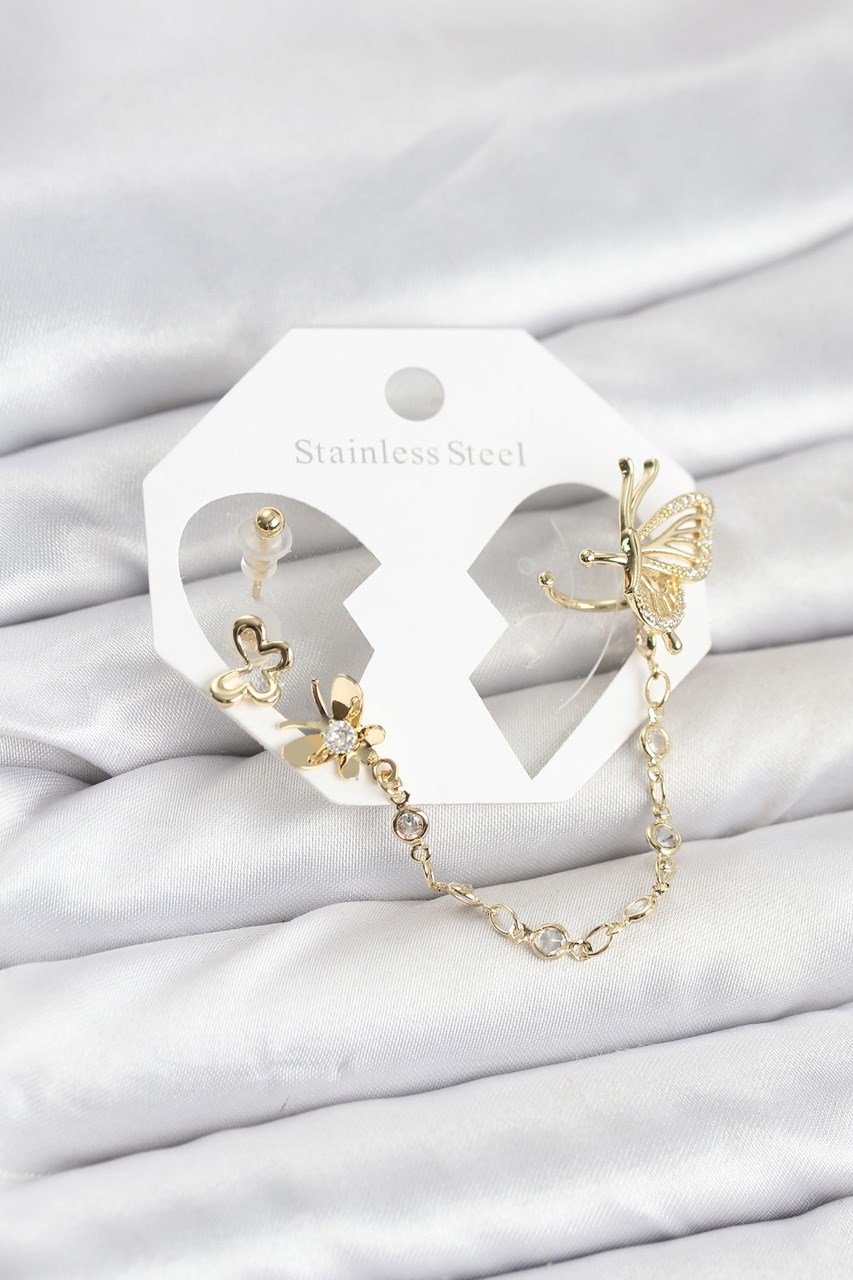 Kelebekli Model Pirinç Gold Renk Zincir Bağlantılı Ear Cuff Küpe Seti Diğer
