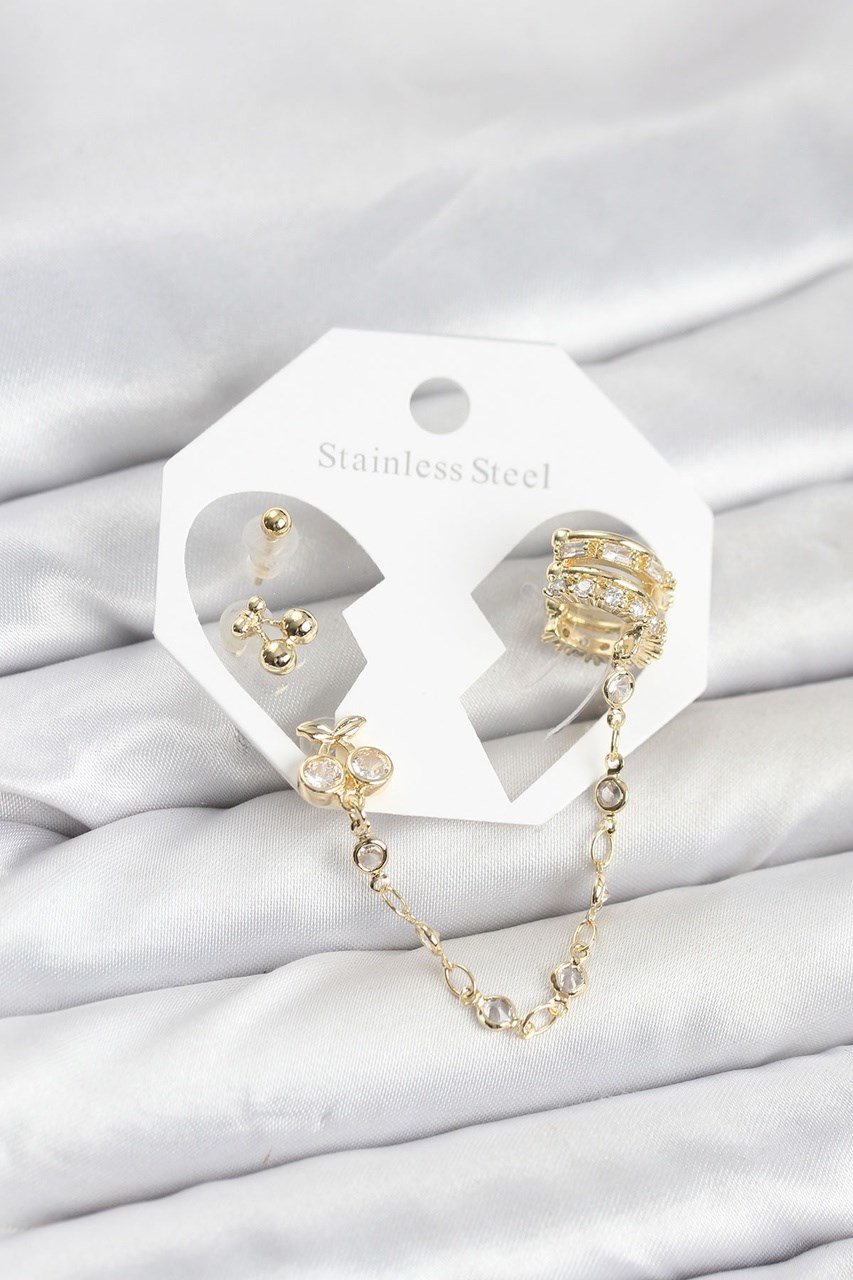 Kiraz Model Pirinç Gold Renk Zincir Bağlantılı Ear Cuff Küpe Seti Diğer