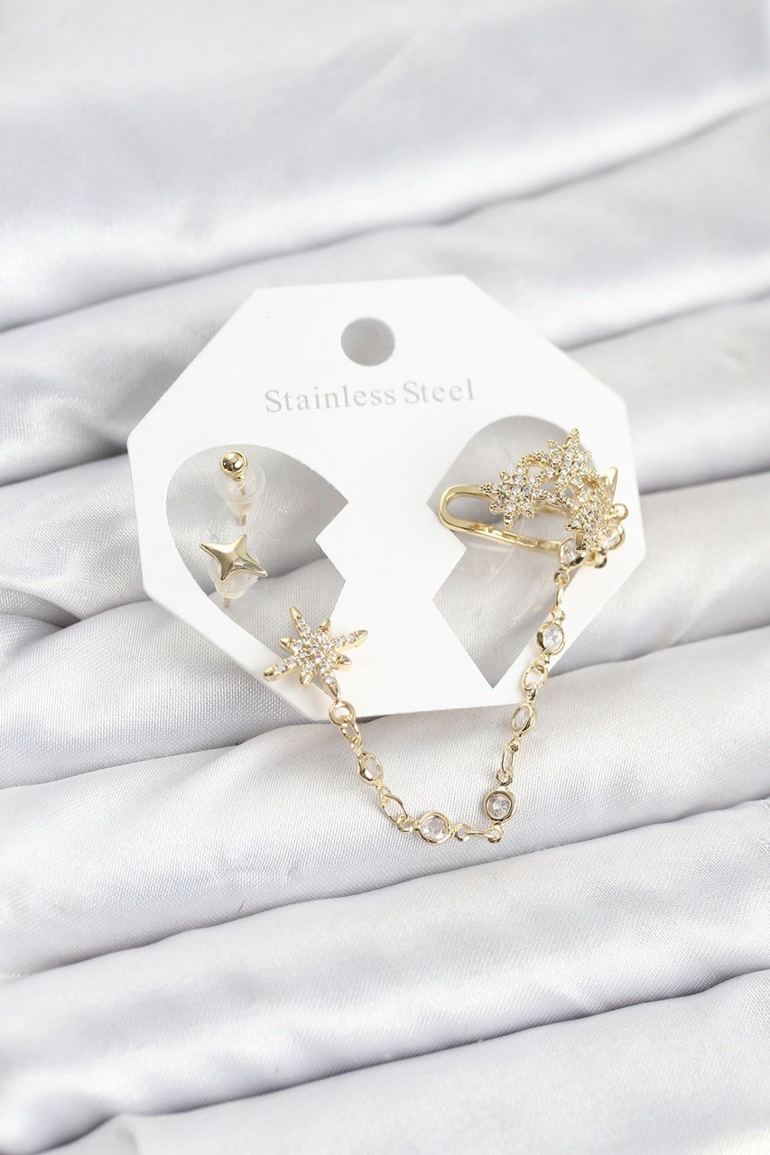Kutup Yıldızı Model Pirinç Gold Renk Zincir Bağlantılı Ear Cuff Küpe Seti Diğer