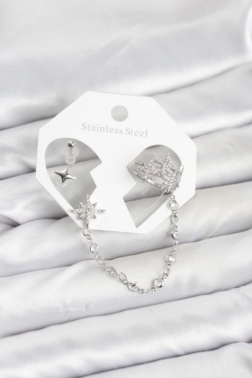 Kutup Yıldızı Model Pirinç Gümüş Renk Zincir Bağlantılı Ear Cuff Küpe Seti Diğer
