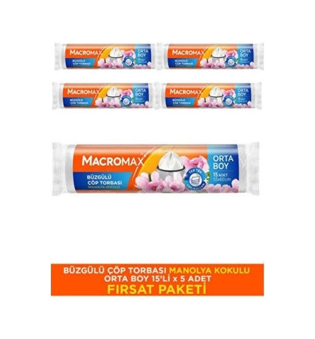 Macromax Orta Büzgülü Çöp Poşeti Manolya Kokulu 15 Li 5 Adet