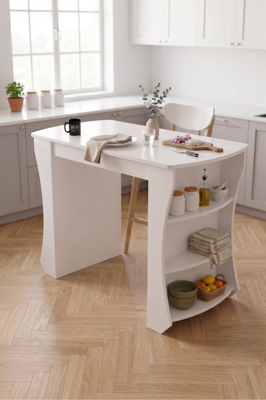 Mutfak Masası Mutfak Adası Ada Masa Bar Masası Kahvaltı Masası Raflı Çok Amaçlı Dolap Modern Masa 120x60 Cm 9837 Beyaz Çok Renkli
