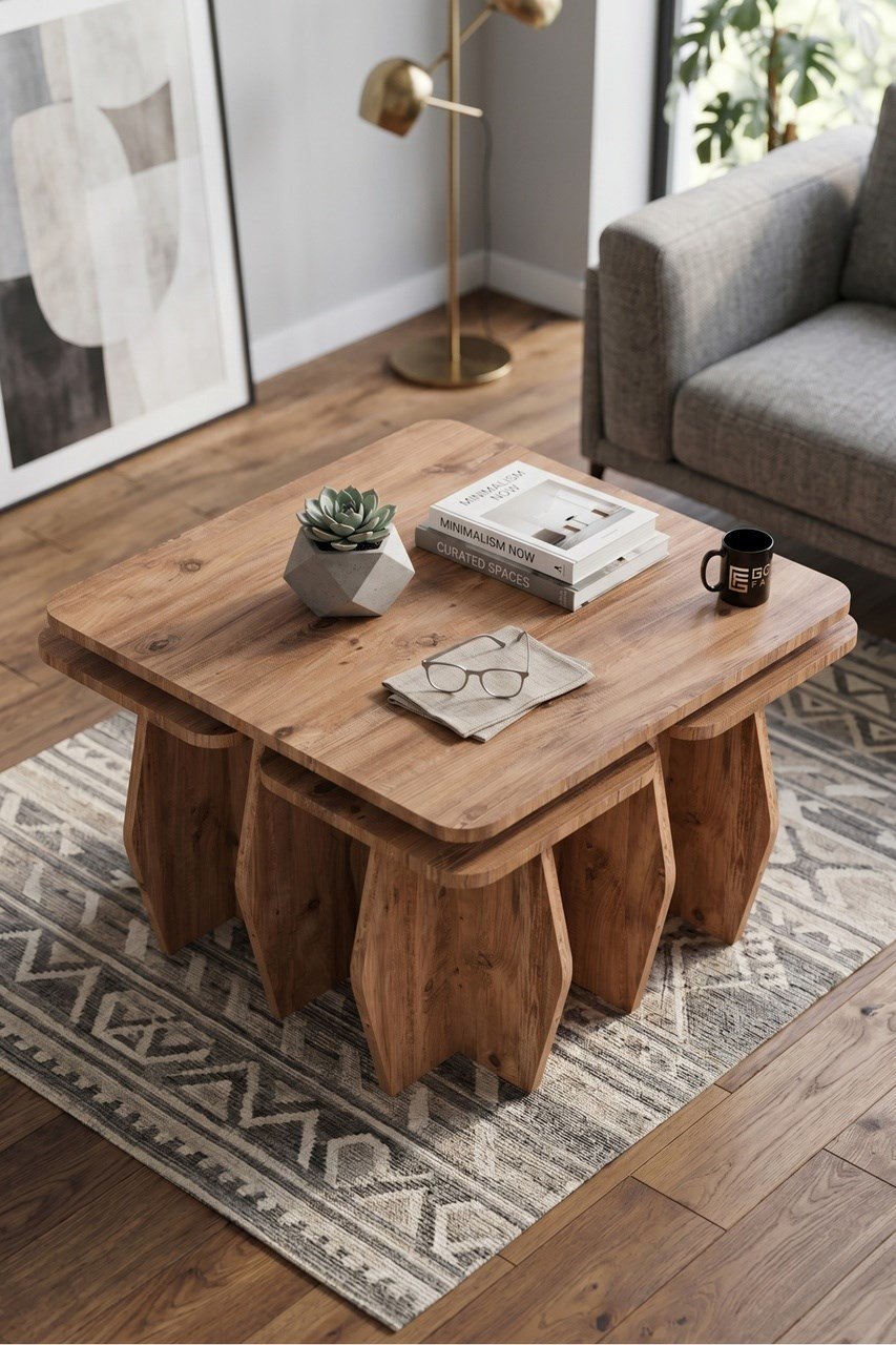 Orta Sehpa Ve Zigon Sehpa 5'li Set Modern Çok Amaçlı Salon Oturma Odası Yan Sehpa 9248 Atlantik Çam Çok Renkli