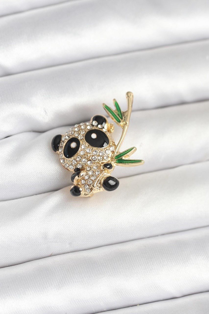 Panda Model Broş Altın - Kırmızı